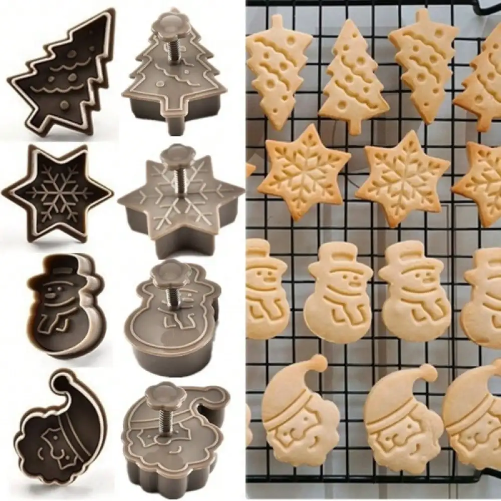 4pcs Christmas 3D Cookie Cutter Set Snowman Snowflake Christmas Tree Santa Claus Pattern Plastic Baking Molds For Party Holiday