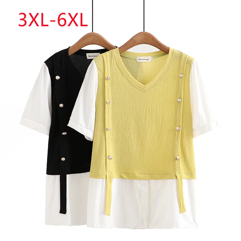 

New 2023 Ladies Spring Summer Plus Size Tops For Women Large Size Short Sleeve V-neck Yellow T-shirt 3XL 4XL 5XL 6XL