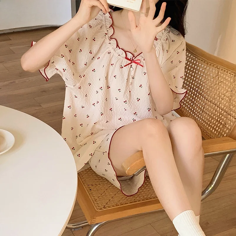 

Summer Thin ort Sve Pleated Loose Women's Spwear Set Cute Cherry Home Clothes Comfortable Breathable Sweet Sle