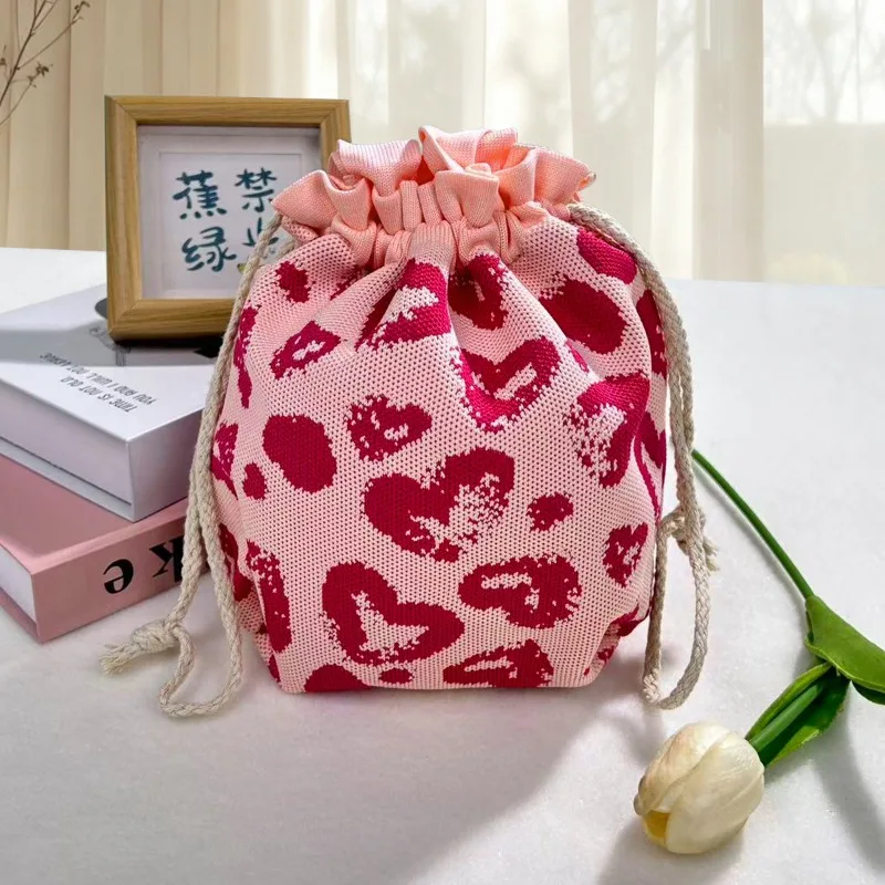 Korean Style Cute Cartoon Pattern Drawstring Knitted Handbag Casual Versatile Foldable Festival Gift Women's Knitted Bucket Bag