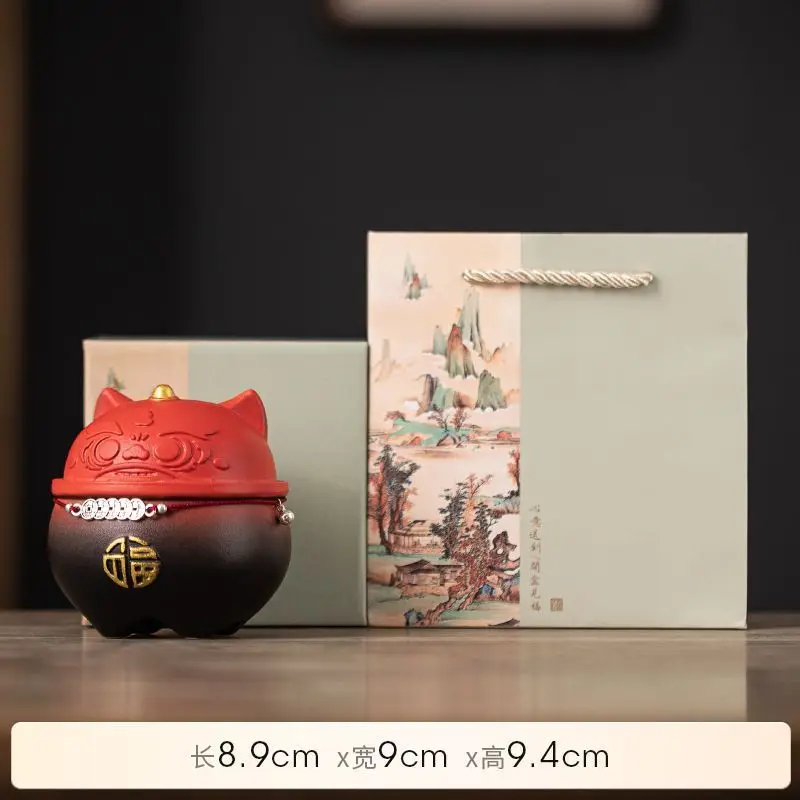 Light Green Ceramic Lucky Cat Piggy Bank, Cute Cartoon Coin Money Box With Gold Fu Pattern, Decorative Figurine For Home Office