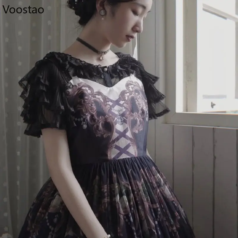 Victorian Vintage Lolita Princess Blouse Women Elegant Ruffles Short Sleeve Mesh Bow Slim Shirt Japanese Gothic Y2k Cute Tops