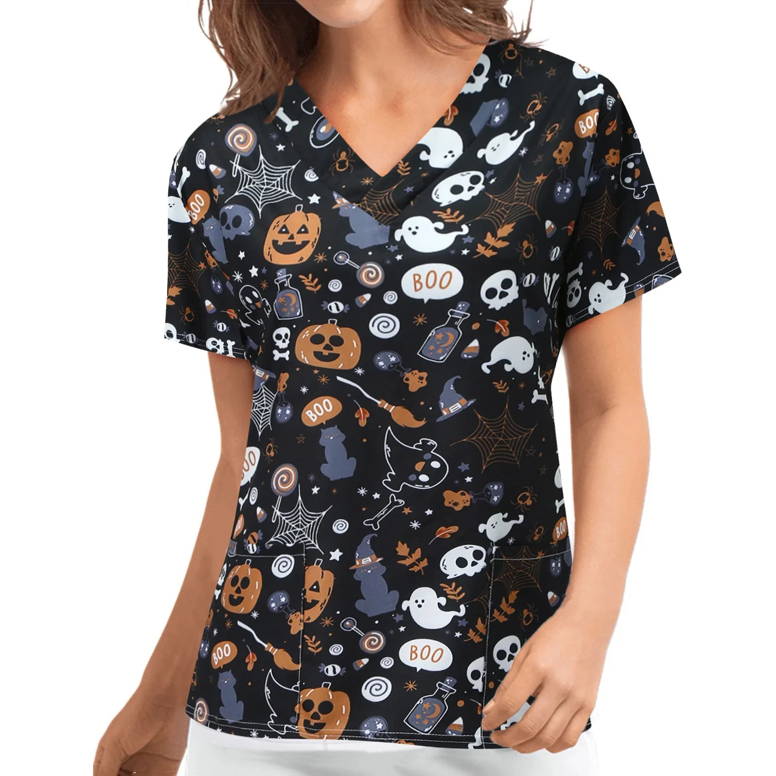 Christmas Scrub Tops Women Pockets Nursing Short Sleeve V-Neck Print Christmas Scrubs Tops for Women Plus Size S-5XL Summer