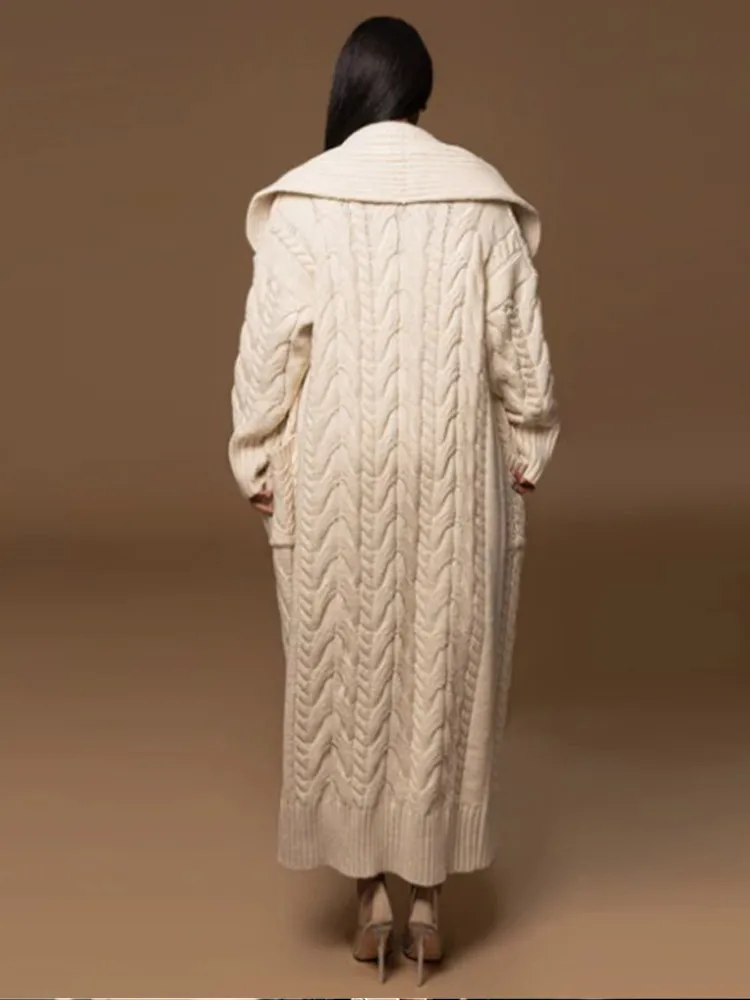 White Full Sleeve Large Laple Overcoat Loose Warm Double Pockets Knitted Coat New Female Winter High Street Office Outwear