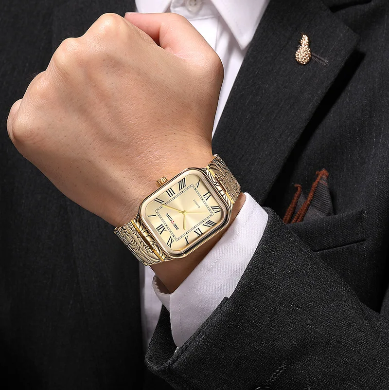 

Мужские ретро-часы квадратной формы с золотым корпусом, водонепроницаемые, с металлическим браслетом, кварцевые часы для мужчин