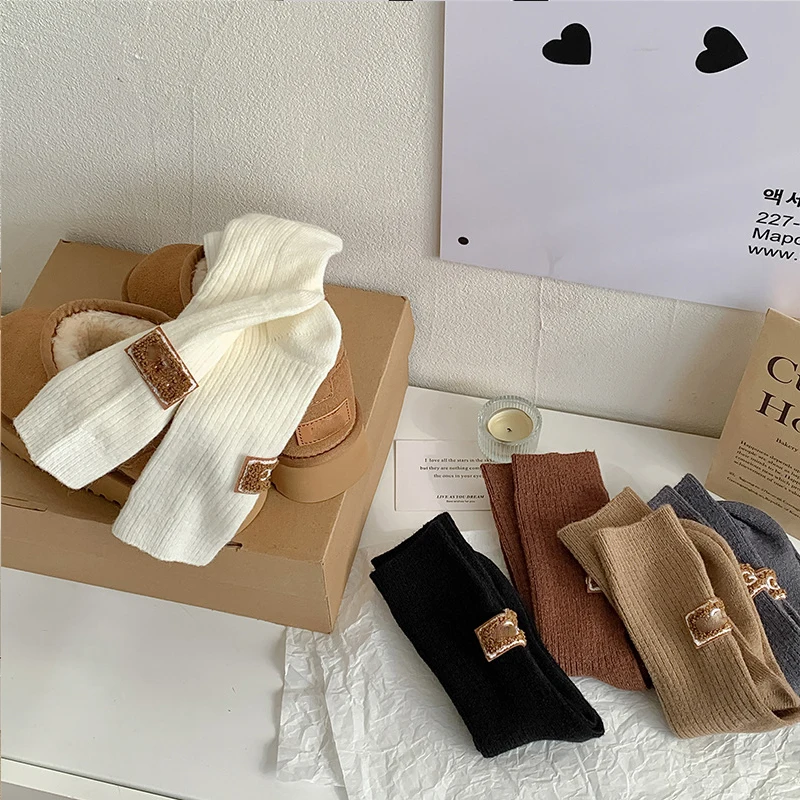 UG Winter solid color warm velvet thick pile socks embroidered letter label mid tube socks coffee casual cotton socks