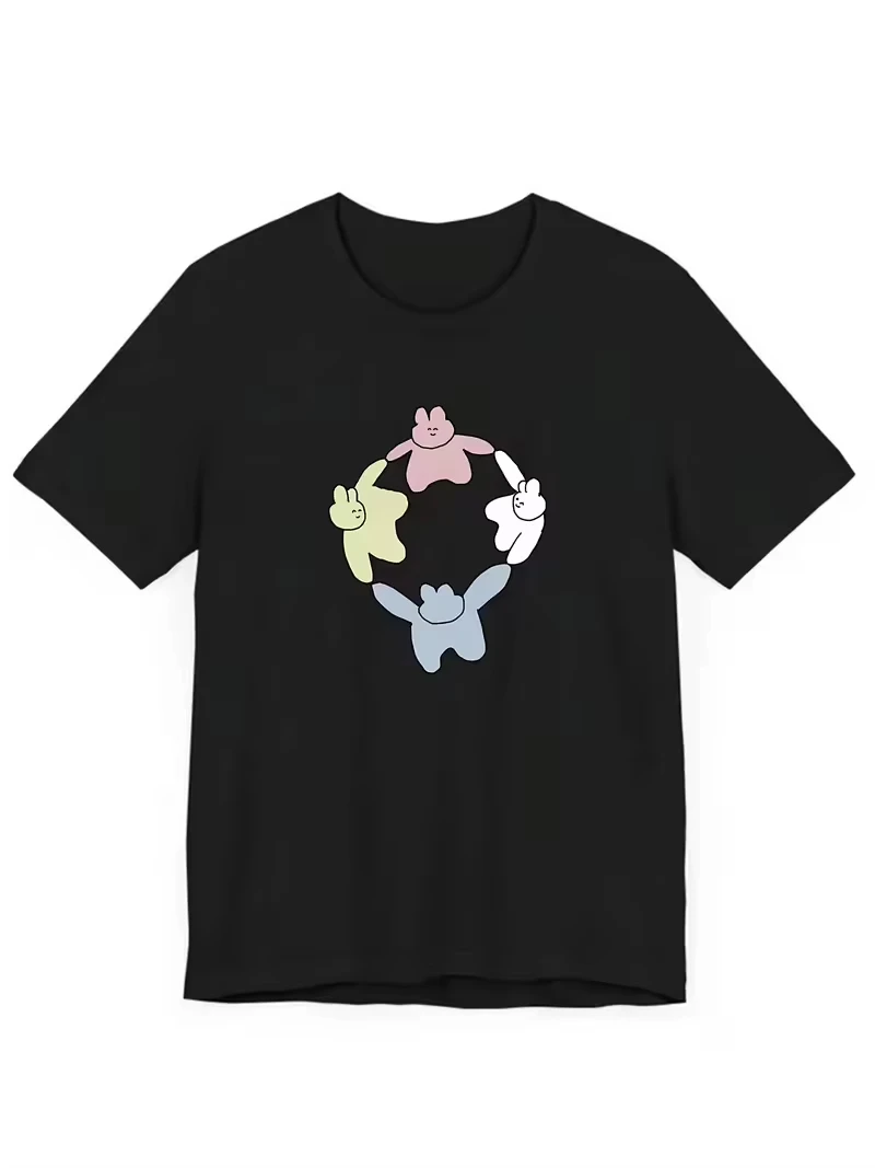 Unisex T‑shirt Cute Pastel Rabbit Holding Hands Circle Graphic Tee Crew Neck Short Sleeve Colorful Cartoon Animal Print Top