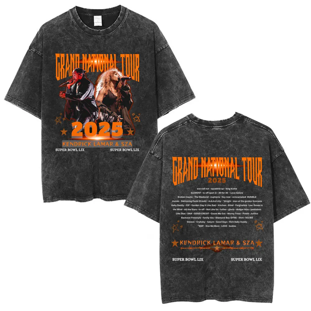 

Rapper Kendrick Lamar SZA Grand National Tour 2025 Washed Vintage T Shirts Men Women They Not Like Us Hip Hop Oversized T-shirts