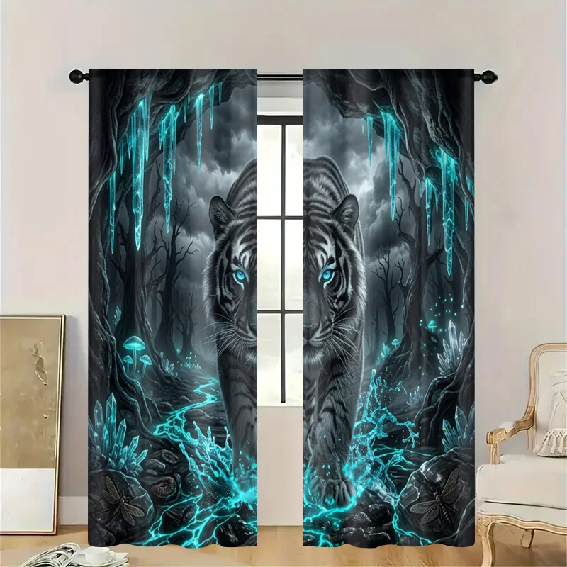 Enchanting Mystical Tiger Jungle Fantasy Crystal Glowing Blue Light Decorative Curtains Curtain Panels for Bathroom Shower Room
