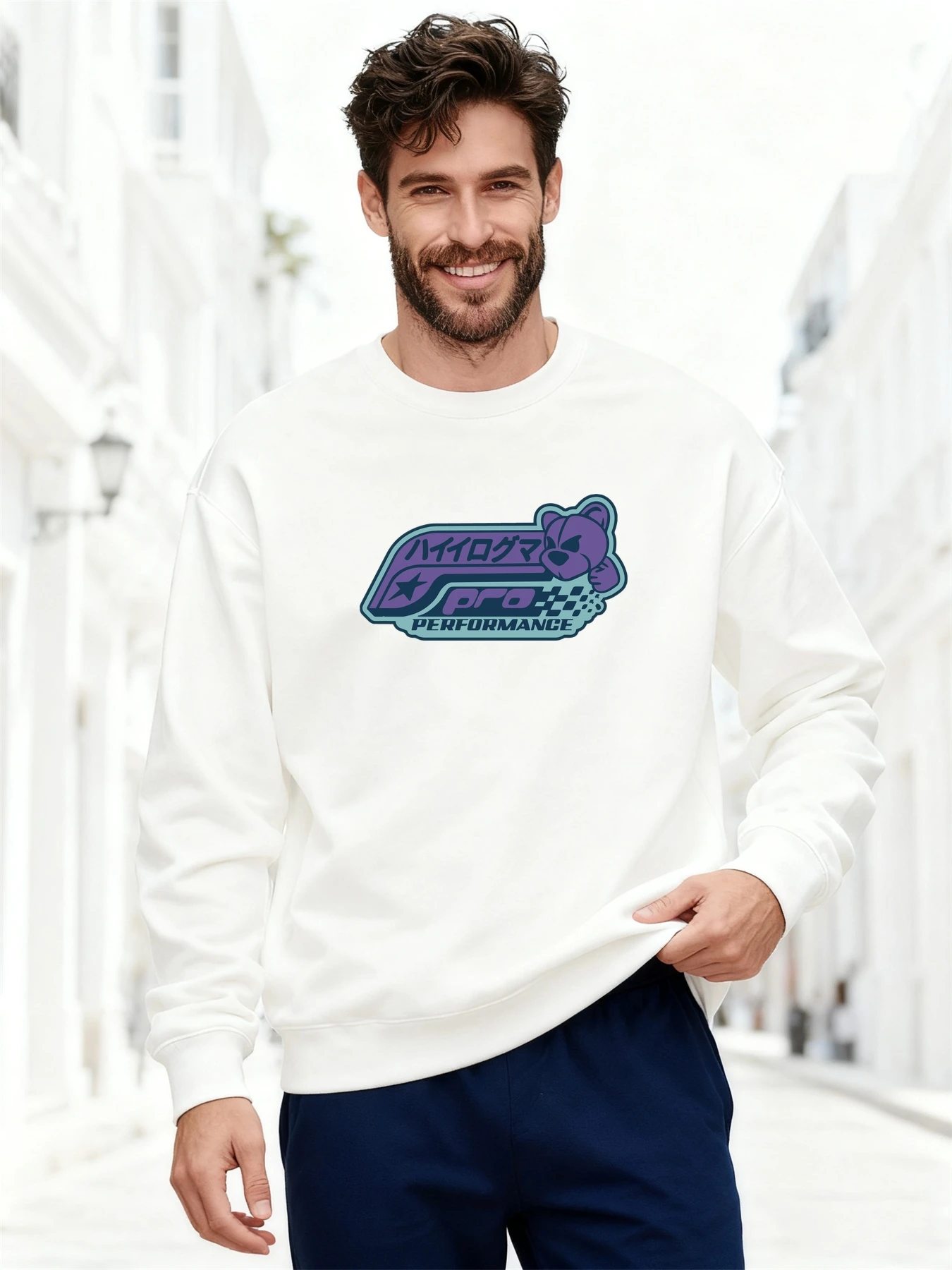 Men's Sweatshirt 2025 Trending White Crewneck Purple-Blue Cartoon Badge Graphic Japanese-Style Pro Performance Streetwear Top