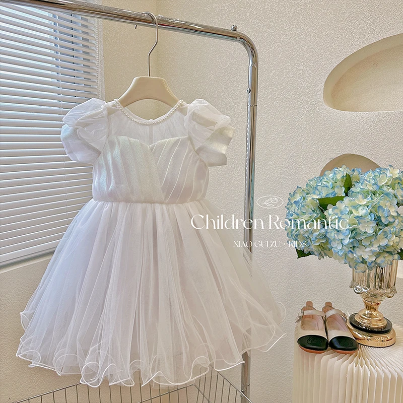 Vestidos de Fiesta blancos de verano para niña, vestidos de baile de rendimiento de boda con flores, volantes de cuentas, vestido de princesa de tul con lazo