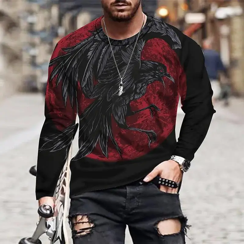 Animal Crow Vintage 3D Print Summer Men's Round Neck T-shirt Casual Long Sleeve Oversized T Shirt Fashion Pullover Men Clothing