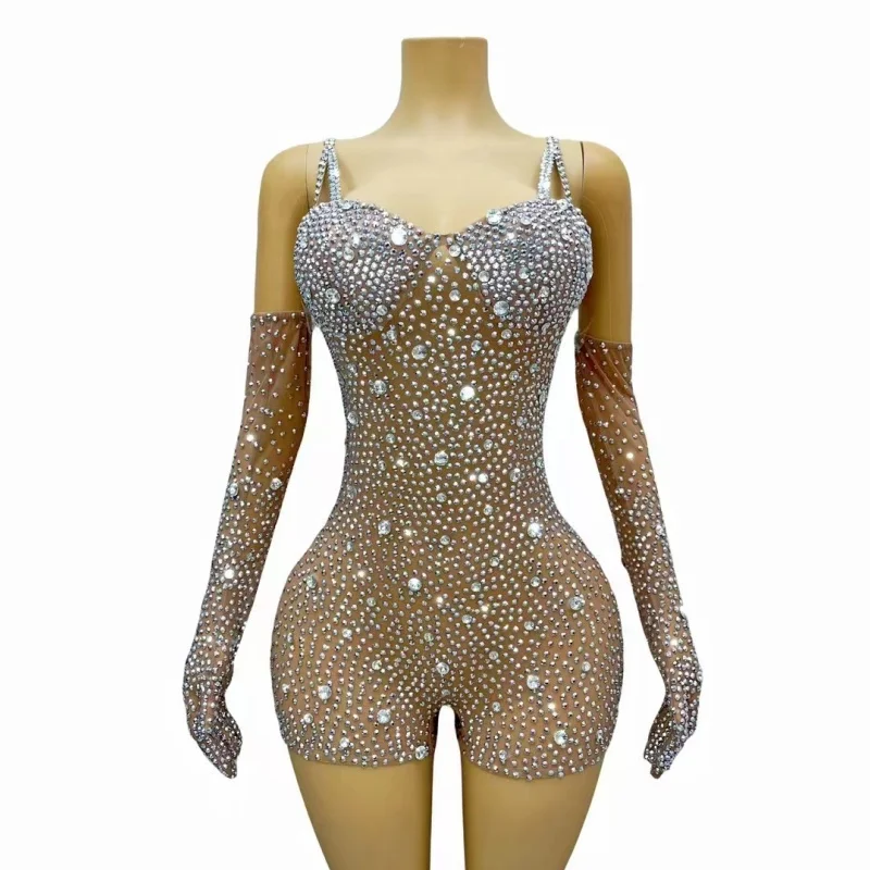 Full Diamond Transparent Short Jumpsuit Gloves Birthday Rave Outfit Sexy Stage Wear Nightclub Bar Party Singer Performance Wear