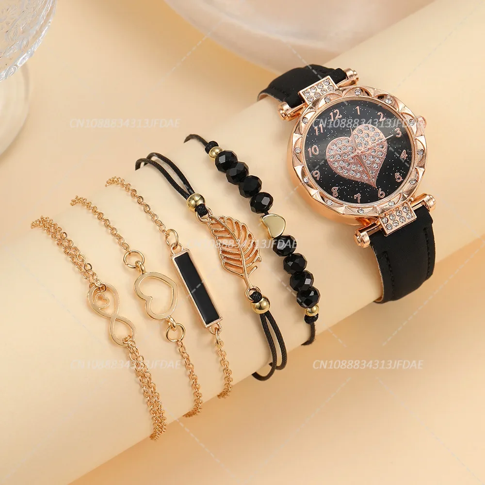 แฟชั่น Heart Dial นาฬิกาผู้หญิง Casual หนัง Band Analog ควอตซ์นาฬิกา Leaf สร้อยข้อมือชุด (ไม่มีกล่อง) relogio Feminino