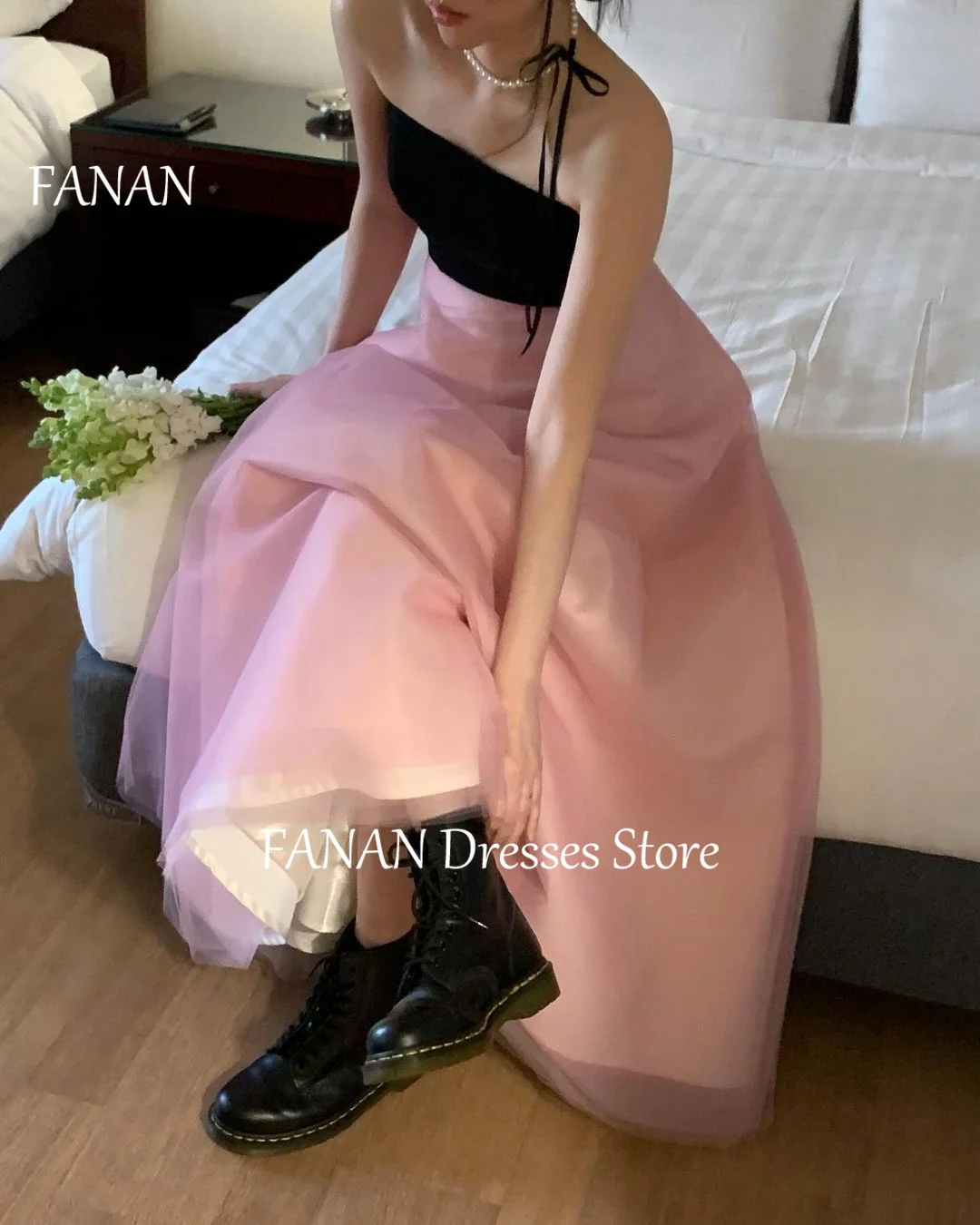 FANAN Strapless Organza Fashion Vintage Evening Party Dresses Contrast Color Korea Customize Women Formal Gowns Event Prom Gowns