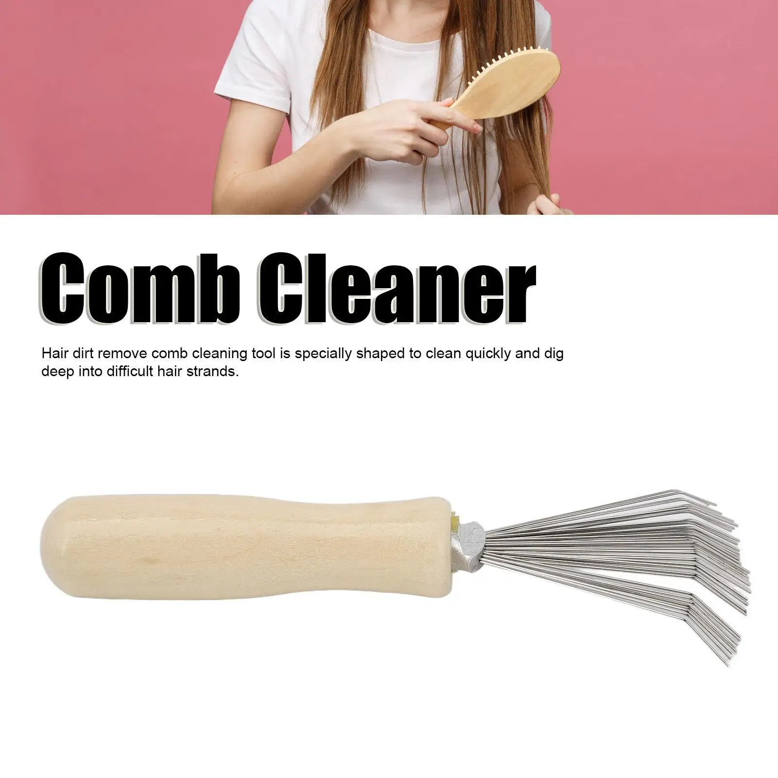Pente de limpeza de cabelo, ferramenta com cabo de madeira, limpador de escova, formato de leque denso, remoção rápida de sujeira para uso doméstico