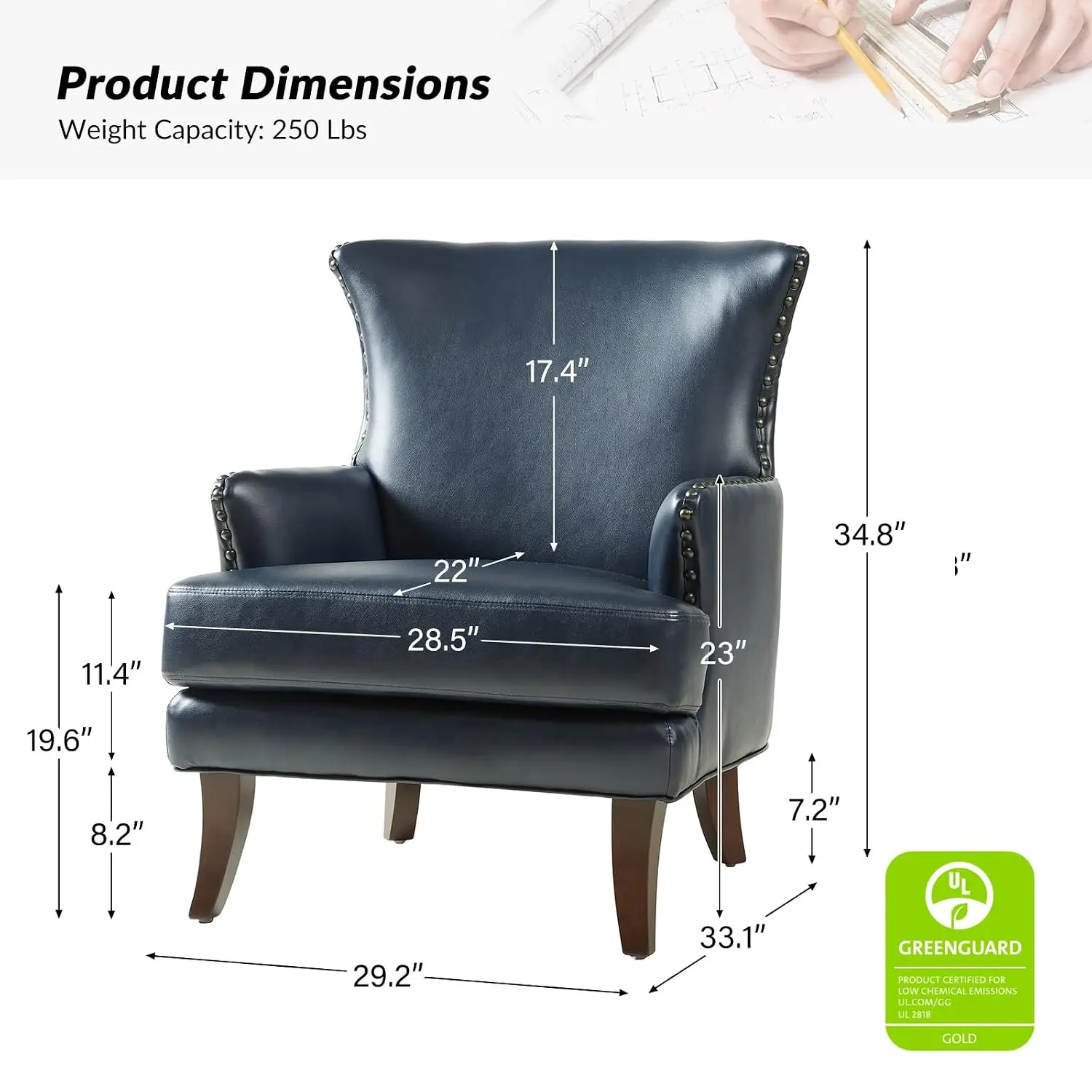 Faux Leather Accent Chair with Arms, Modern Wingback Armchair with Nailhead Trim for Living Room Lounge, Navy, Customized