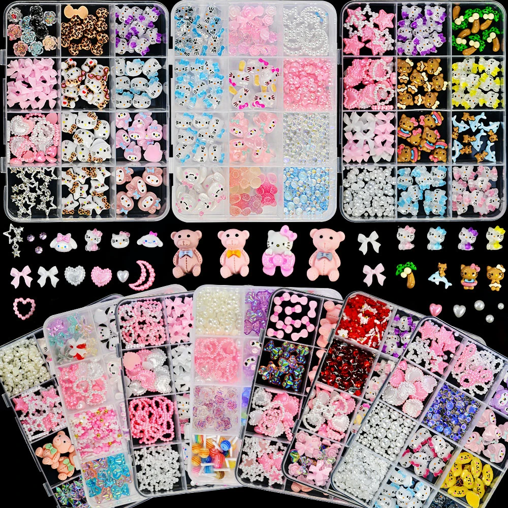 12grids/box Mixed Sanrio Cartoon Bow Resin Nail Charms Kawaii Hello Kitty/Kuromi/Melody Nail Rhinestones For Girl DIY Nail Parts