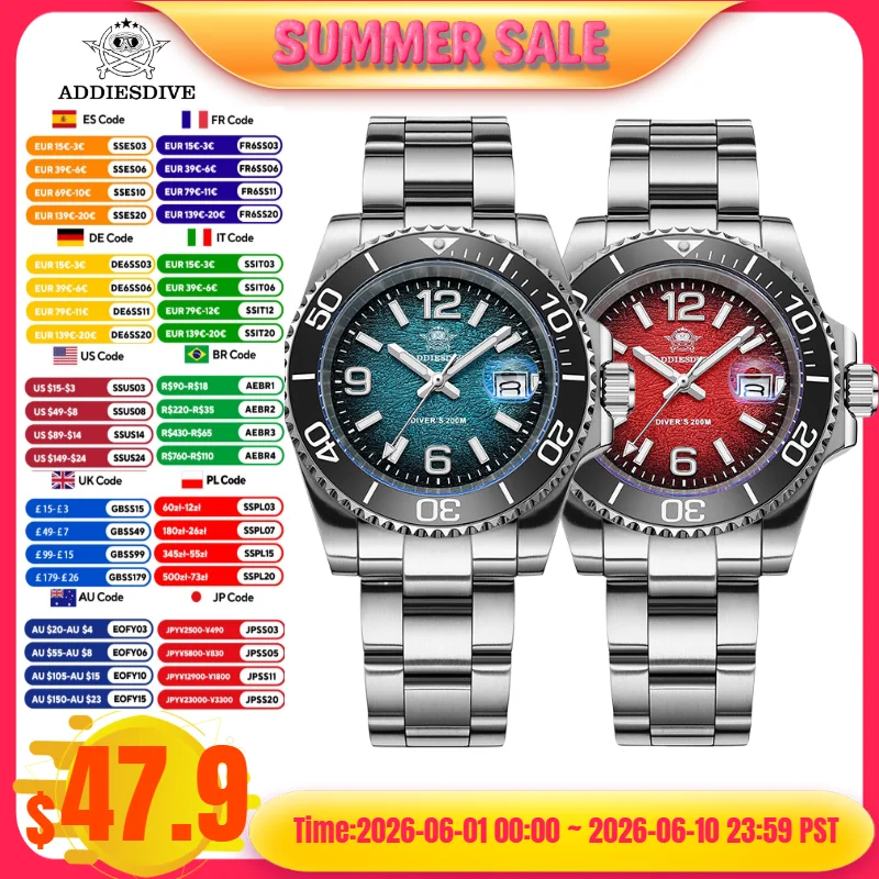 

ADDIESDIVE Hot Slae 41mm Men Watch AD2513 200M Waterproof reloj hombre BGW9 Super Luminous Reloj Hombre Quartz Watch reloj