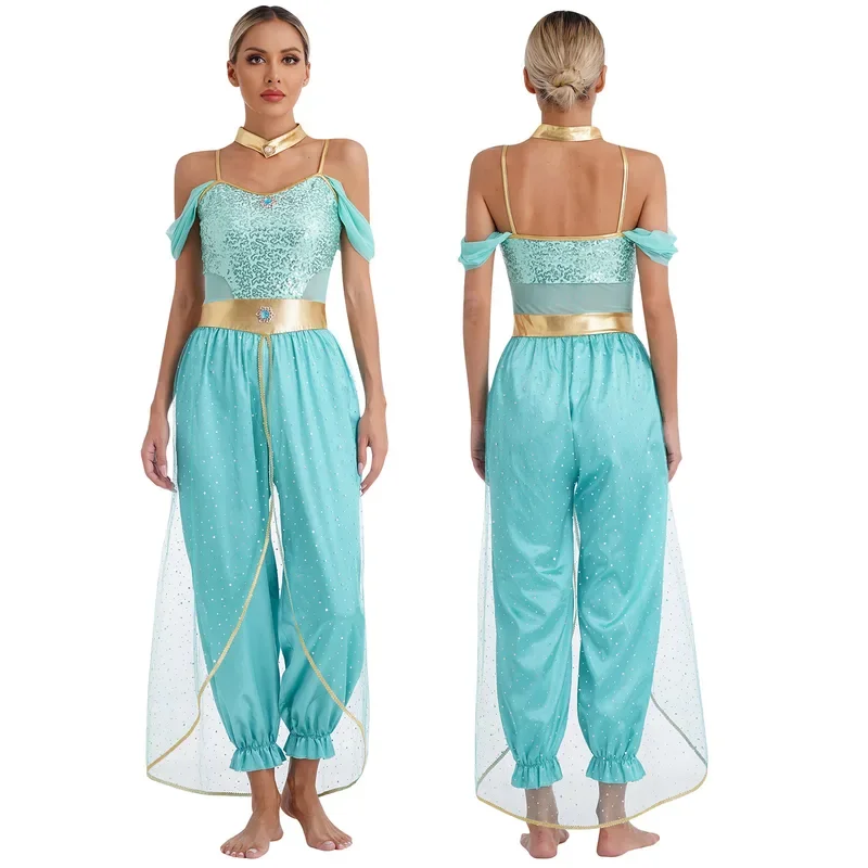 Womens Belly Dance Jumpsuit Theme Party Arabian Princess Queen Cosplay Costume Shiny Sequins Tulle Bodysuit with Choker Collar