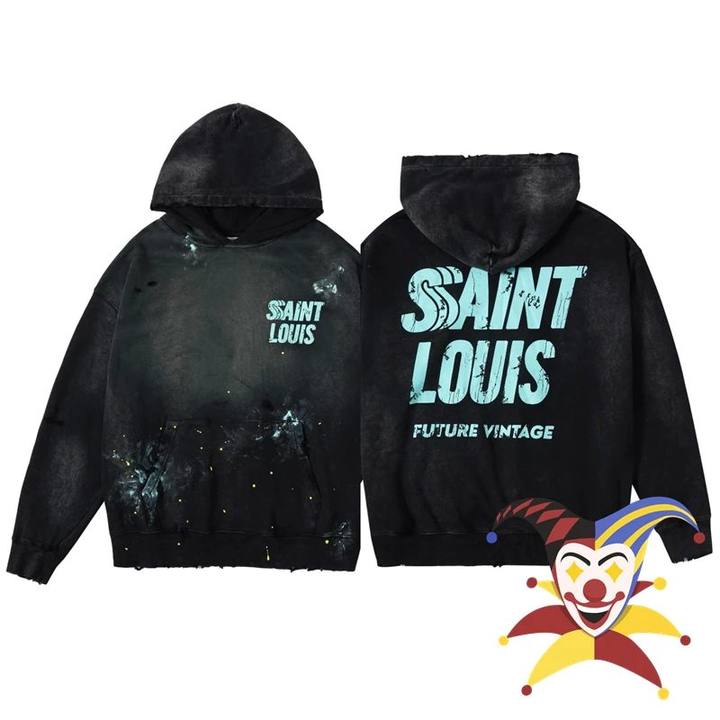 Washed Saint SSSAINT LOUIS Splashing Ink Graffiti Hoodie Men Women Damaged Pullovers Hooded