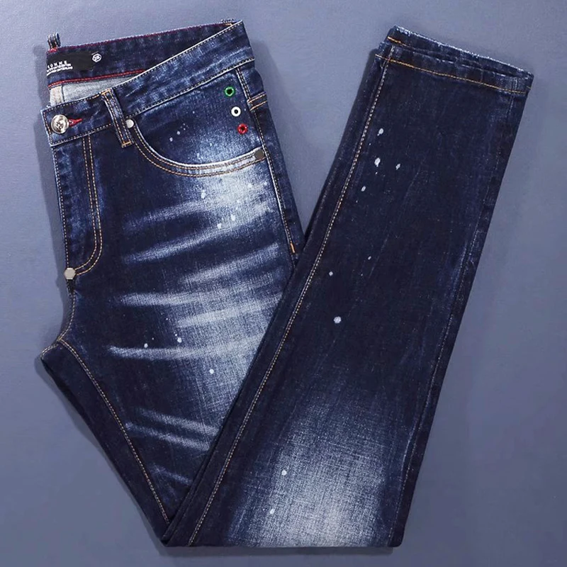 Designer Fashion Men Jeans High Quality Retro Blue Stretch Slim Fit Painted Ripped Jeans Men Brand Vintage Denim Pants Hombre