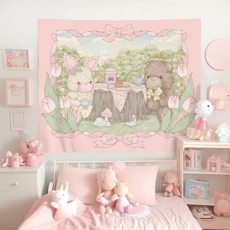 VIKAMA Lolita Lace Bear Rabbit Party Tapestry, Fairy Tale Cute Pet Wall Hanging for Bedroom Living Room Dorm Decor