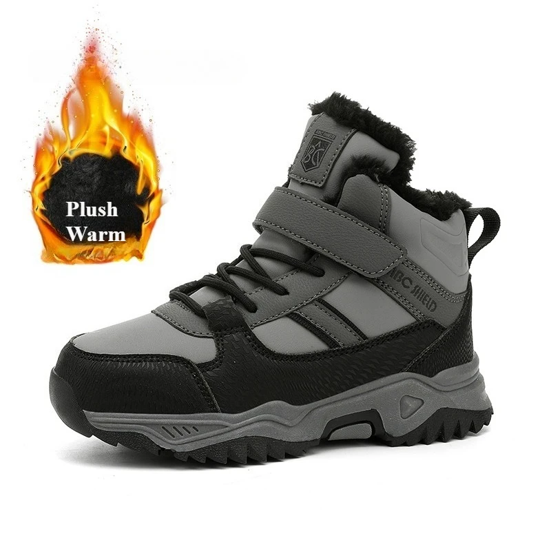 

2025 Новая детская зимняя спортивная обувь для мальчиков, плюшевые теплые повседневные зимние ботинки, детские походные ботинки с высоким берцем, уличные нескользящие теплые ботинки