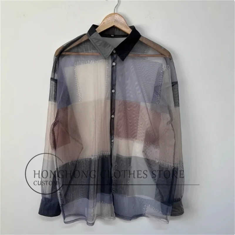 

This grayish-brown block art see-through mesh ultra-loose large-sized summer sun protection layering trendy shirt