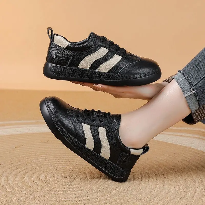 

Feerldi brand luxury mom's leather shoes soft genuine leather sneakers women chunky vintage stripe casual shoes