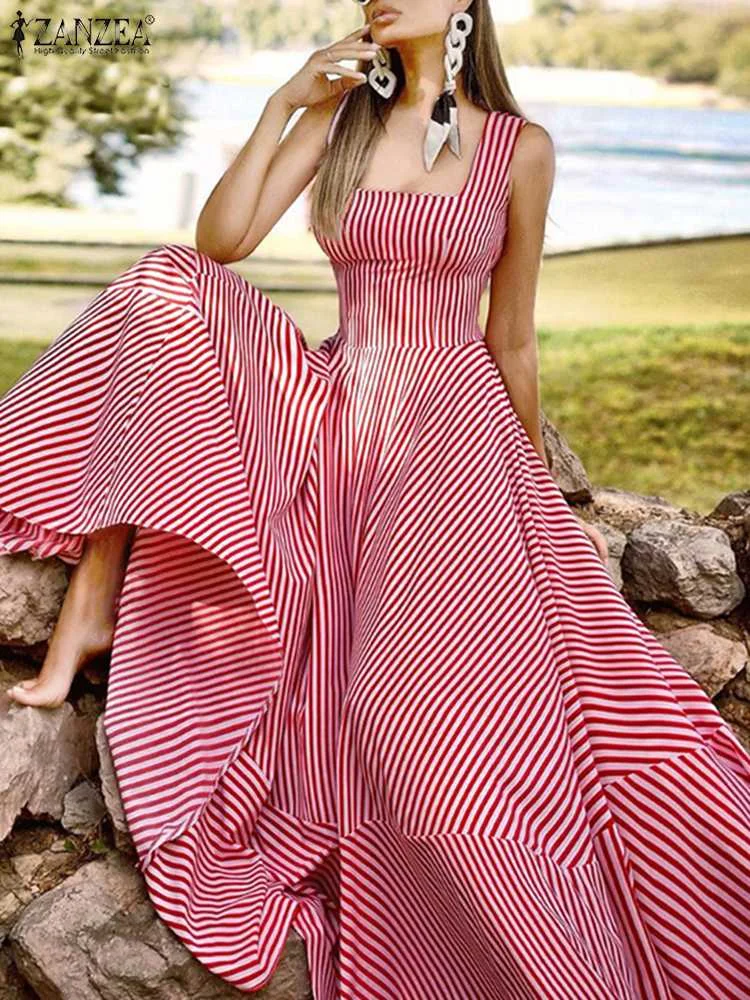 

2023 Summer France Elegant Maxi Dress Women Chic Striped Print Robe Longue Beach Party Sleeveless Dresses Holiday Tank Sundress