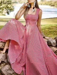 2023 Summer France Elegant Maxi Dress Women Chic Striped Print Robe Longue Beach Party Sleeveless Dresses Holiday Tank Sundress