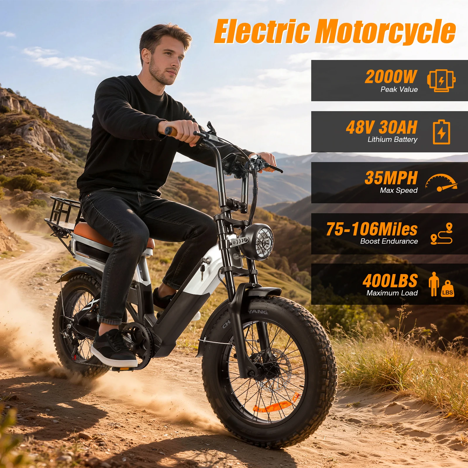 Bicicleta Elétrica Todo-Terreno 2000W, Bicicleta Elétrica de Montanha 48V30AH, 35MPH, 106 Milhas por Hora, E-Bike 20''x4'', Capacidade de Carga de 400lbs