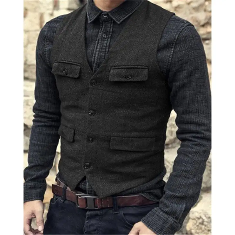 2024 new men\'s vest casual solid color herringbone vest