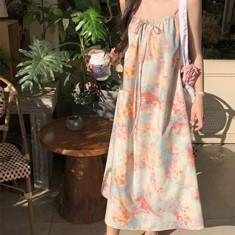 

Bohemian Beachy Stylish Floral Spliced Camis Fairy Dress Summer Suit Lace Fold Through Flowy Gauze Sleeveless Basic Two-piece