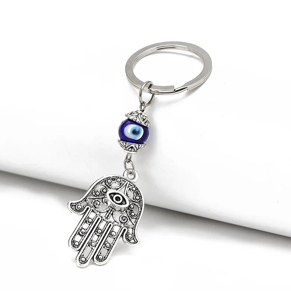 Lucky Eye Alloy Fatima Hand Elephant Owl Tree of Life Keychain Blue Turkish Evil Eye Key Chain Car Keyring for Women Men Jewelry