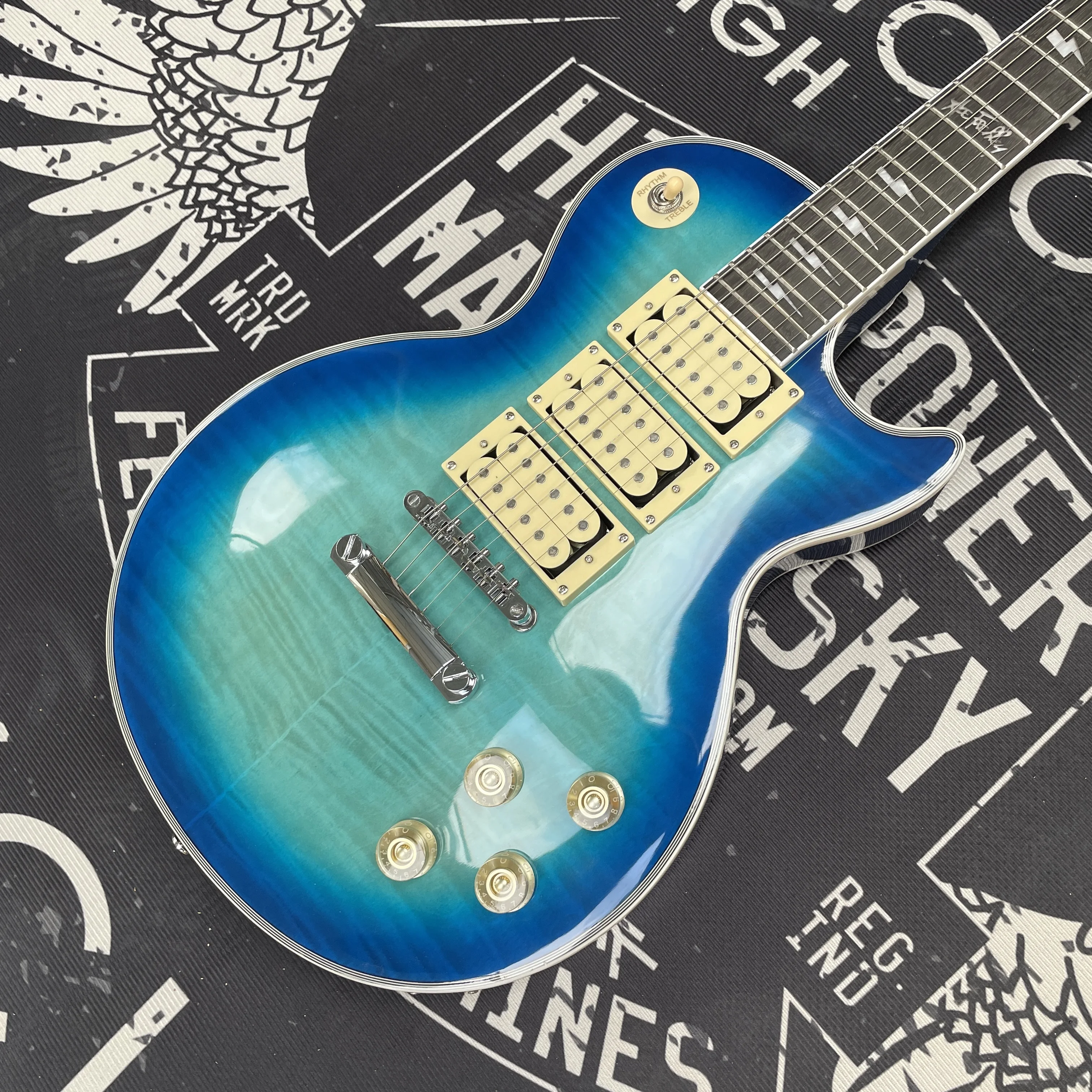 

Синяя электрогитара, гитары с двойными звукоснимателями HHH, 22-клавишная электрогитара для тяжелого рока.