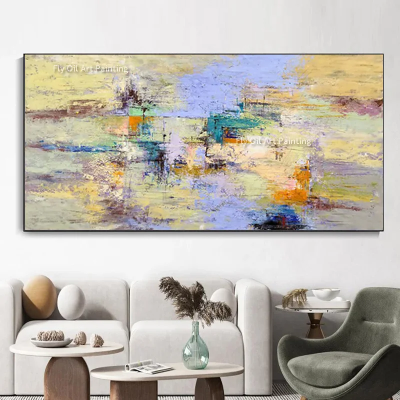 Blue And Yellow Abstract Thick Oil Painting Handpainted Simple Wall Art Blue White Knife Thick Canvas Wall Art For Decor As Gift