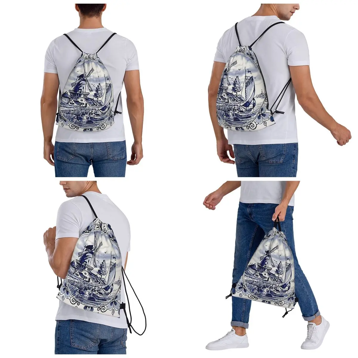Dutch Blue Delft Vintage Windmill Print Backpacks Multi-function Drawstring Bundle Pocket Sports Bag Book Bags for Travel School