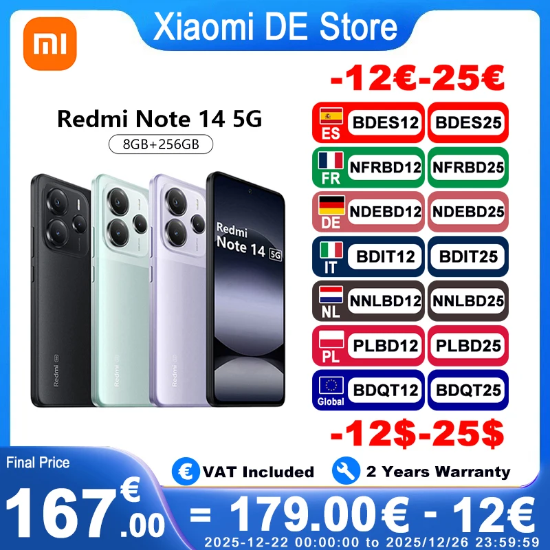 (Only vert corail disponible) Version mondiale Xiaomi Redmi Note 14 5G 6.67 ''AMOLED 120Hz 45W charge 108MP caméra réelle 5110mAh