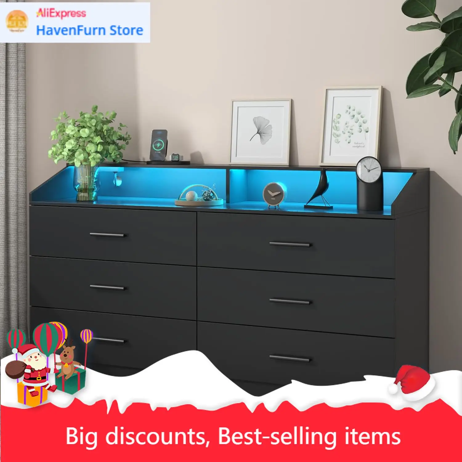 

Комод с 6 ящиками и розеткой, комод с LED-подсветкой, современный комод с открытыми секциями для хранения, двойной широкий комод