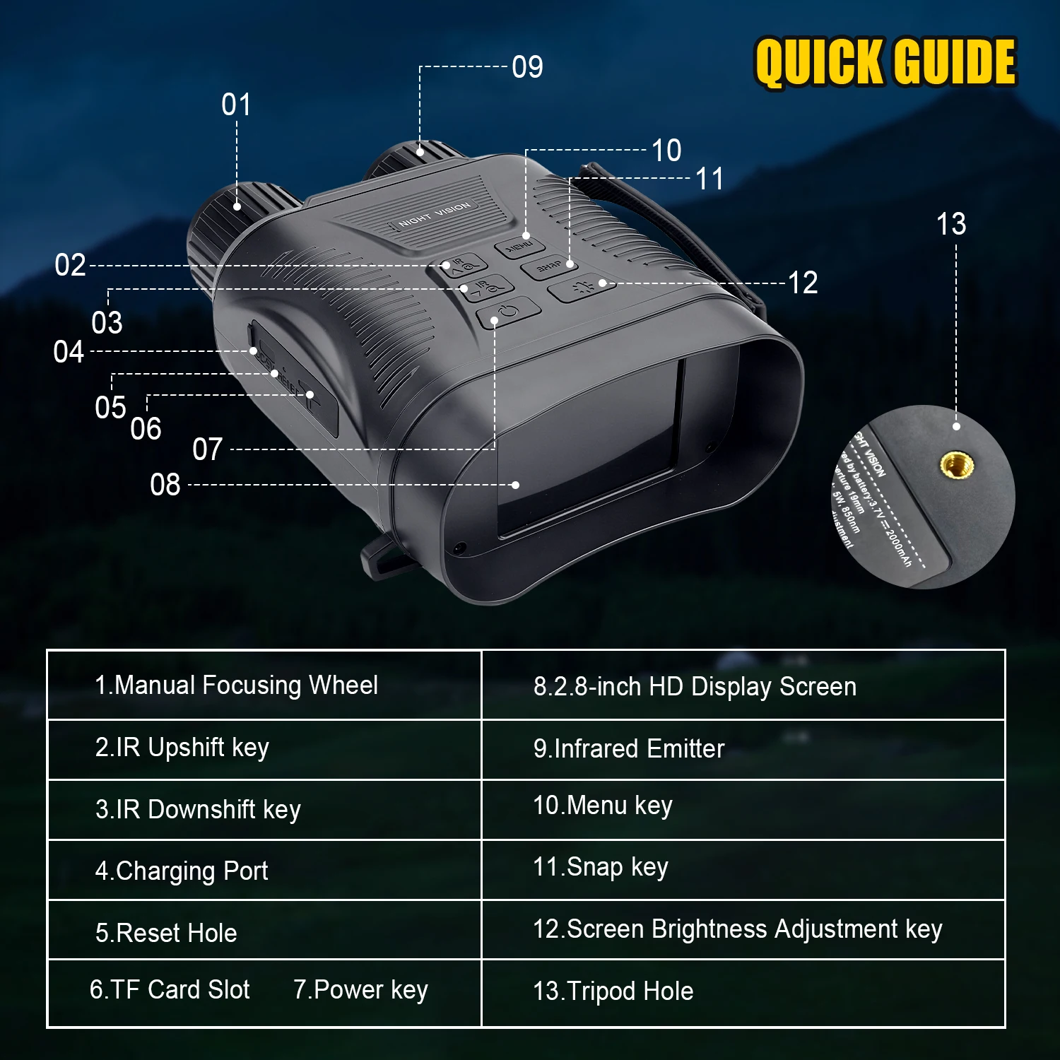 Бинокль ночного видения с 10-кратным цифровым зумом для взрослых, с картой 32 ГБ и ИК-подсветкой 850 нм для охоты, кемпинга и дикой природы