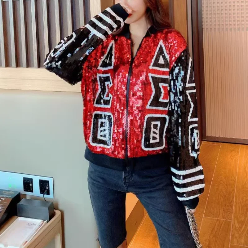 

Spring And Autumn New Loose Letter Patchwork Color Long Sleeve Stand Collar Sequins Coats Streetwear Hip Hop Women Jackets