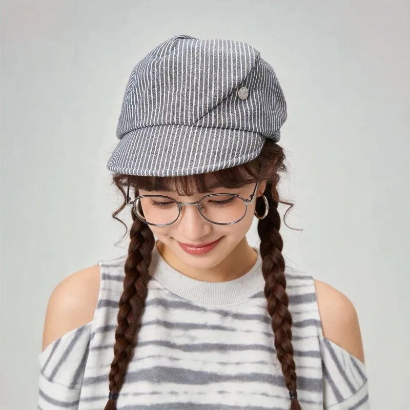 Japanische Retro Gestreifte Achteckige Baskenmütze für Männer und Frauen, Dünne Sonnenschutz-Mütze im Britischen Stil mit Weicher Krempe für Frühling und Herbst – Detail 2