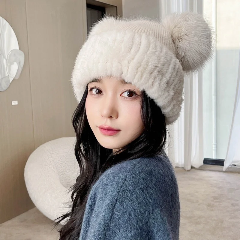 New Winter Luxury Fur Hat Ladies Sweet Style Mink Fur Knitted Hat Fox Fur Ball Embellished Plush Fashion Fur Hat