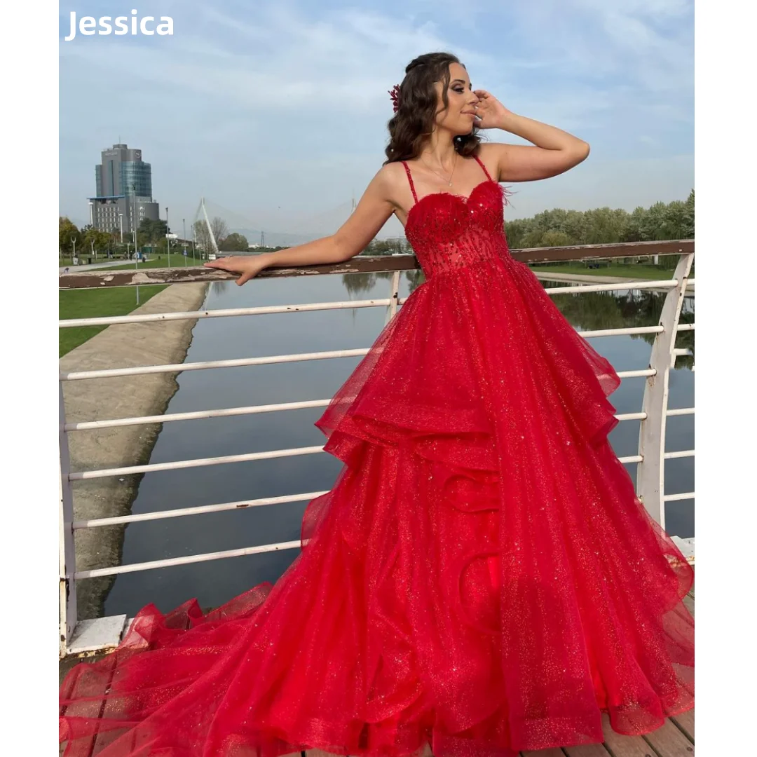 

Jessica Red Wedding Dress Feather Glitter Sequins Luxury Prom Dresses Fluffy Tulle Princess Women Bespoke Occasion Dresses