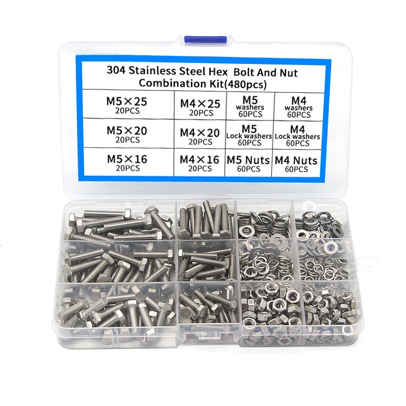 480Pcs Hex Bolts Assortment Kit M4 M5 304 Stainless Steel with Serrated Flange Nuts Washers Full Thread for DIY Home Improvement