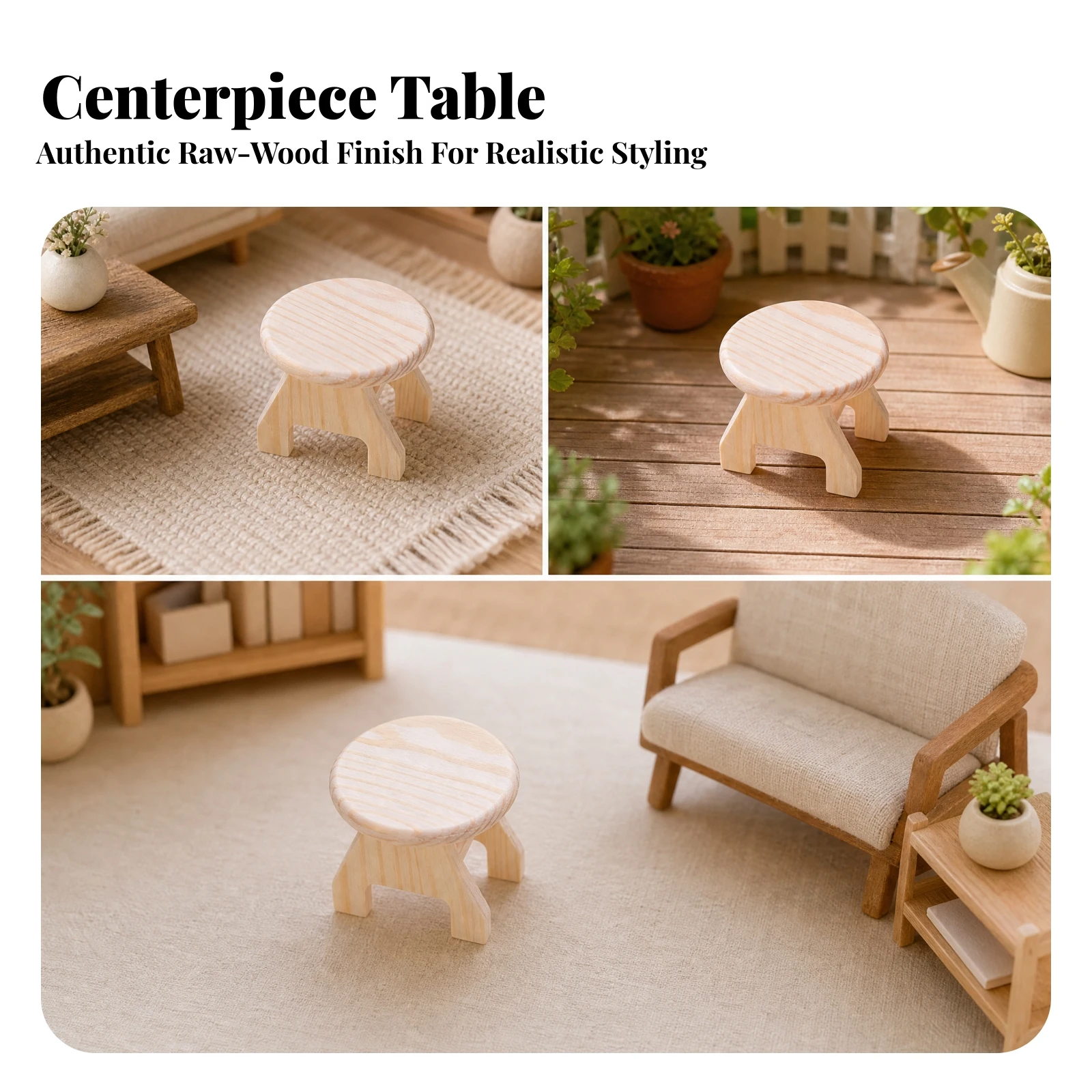 Unfinished Wood Dollhouse Table Wooden Miniature Round Table Display Figurine Compact Furniture Artisanal Look