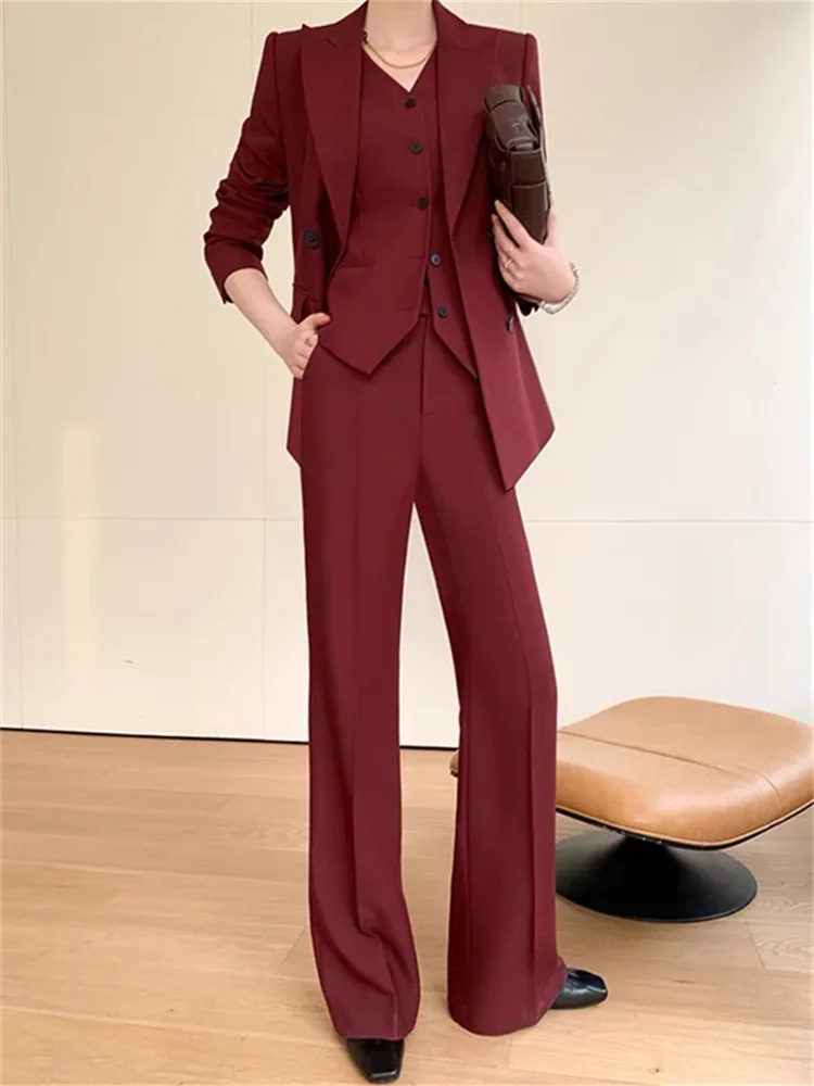 Burgundy Suit Set Women Spring 2024 Office Ladies Lapel Single Breasted Vest Wide Leg Pants Blazer Three Piece Set B257