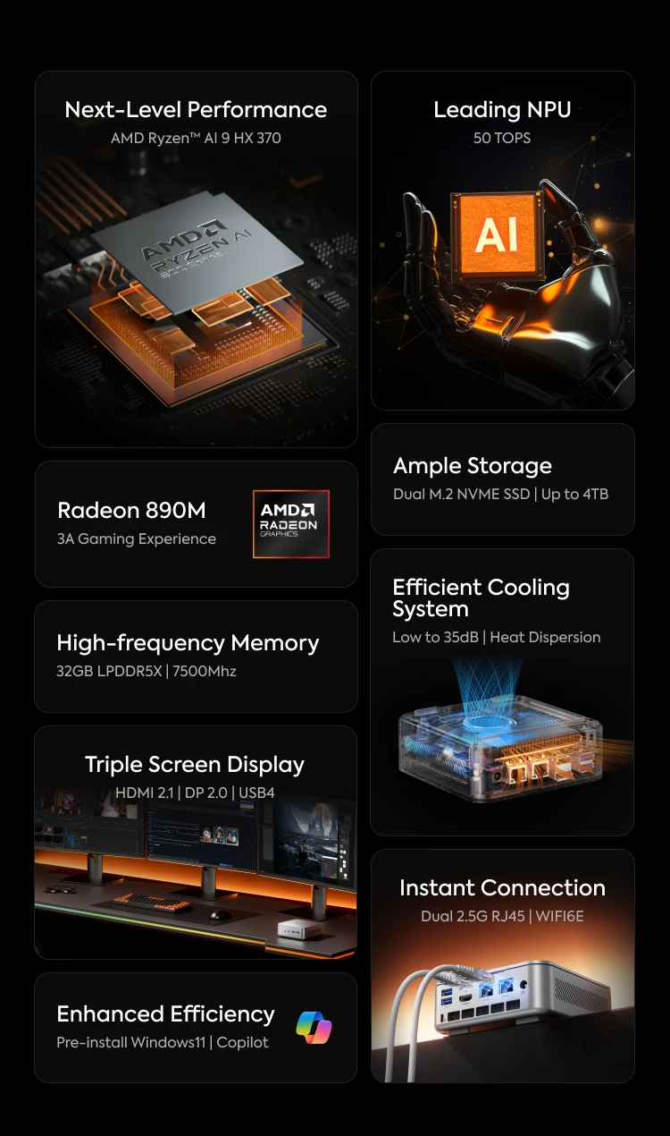 MINISFORUM AI370 Mini PC AMD Ryzen AI 9 HX 370 AMD Radeon 890M LPDDR5 7500MHz Windows 11 Mini Computer BT 5.3 AI Gaming Mini PC